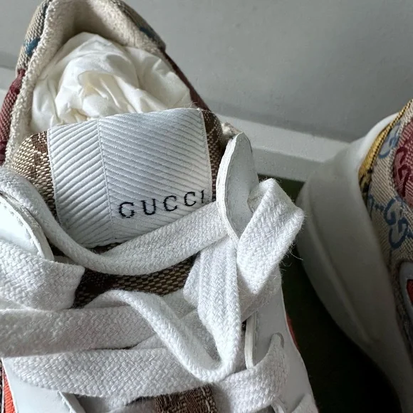 GUCCI Monogram Multicolor Demetra Women’s Rhyton Sneakers Yellow Blue Tobasco - Picture 8 of 10